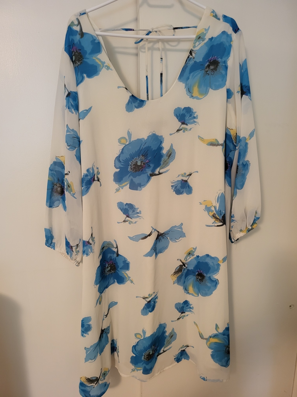 Ashley Stewart Chiffon, Lined White Shift Dress with Blue Floral Print